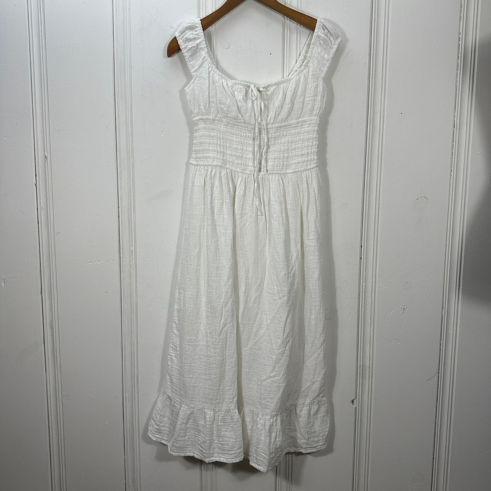 Japna Midi Dress Womens Medium White Ruffle Smocked Cotton Gauze Cottagecore - Picture 2 of 9